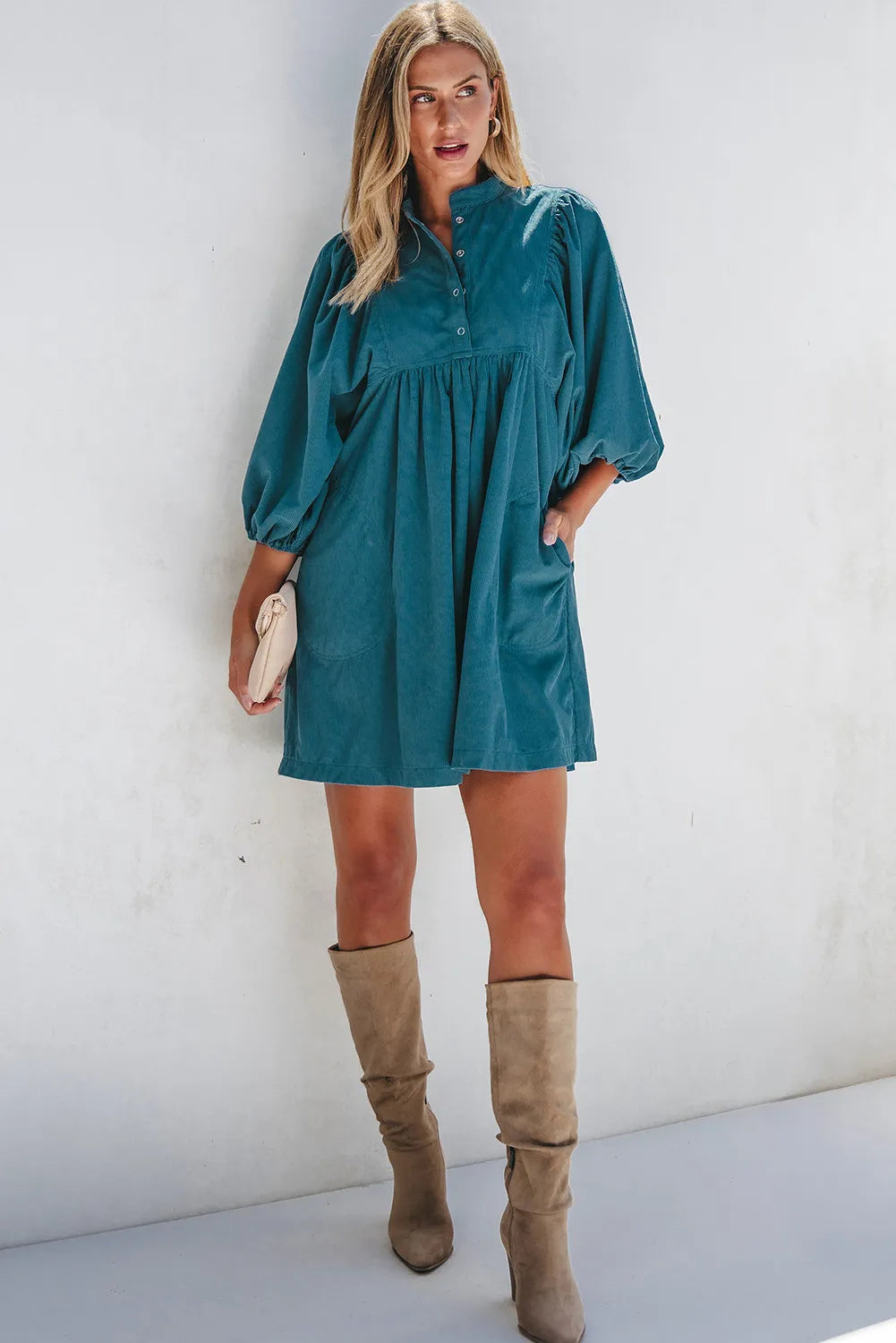 Quarter Snap Three-Quarter Sleeve Dress with Pockets  