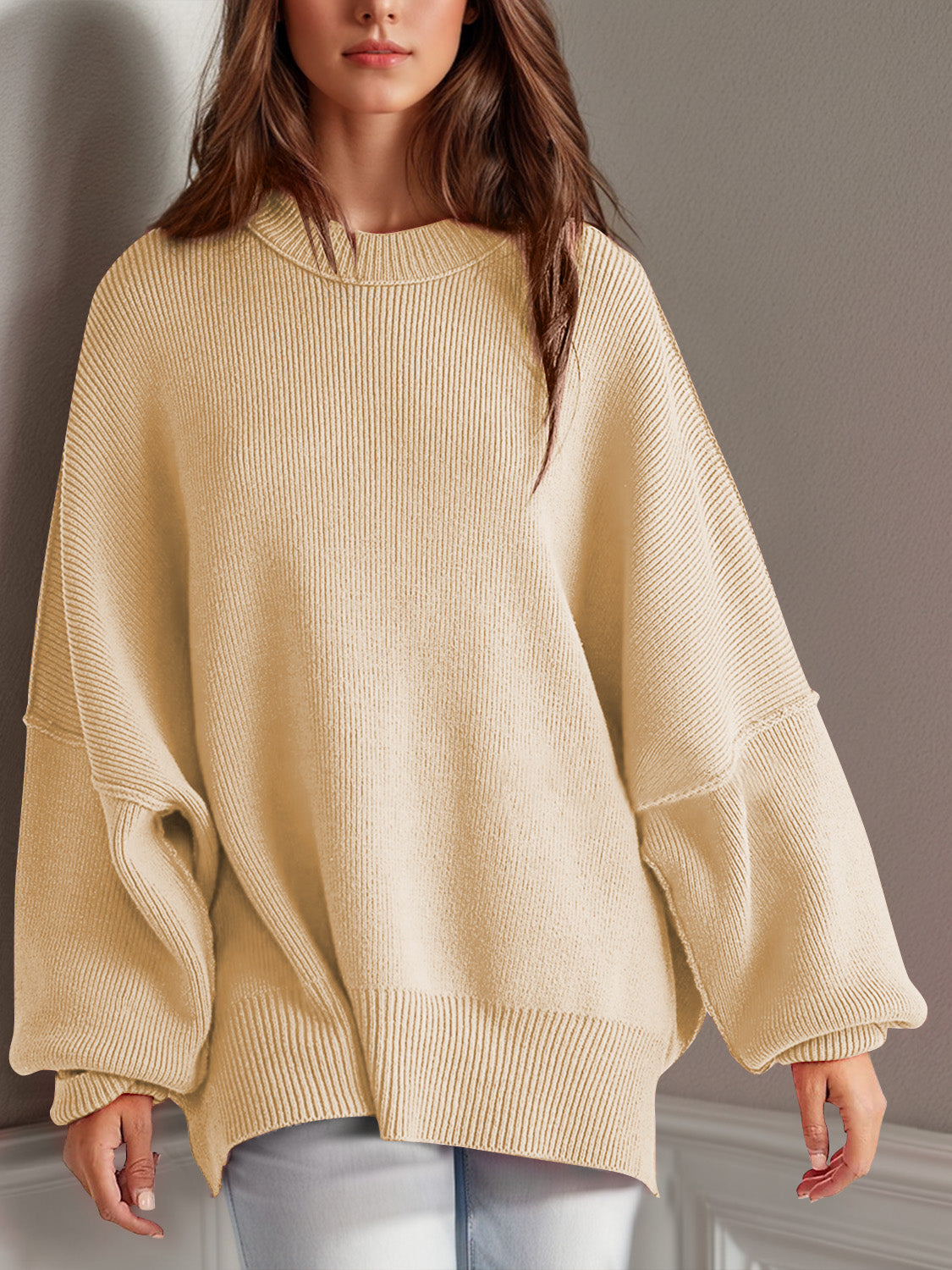 Double Take Side Slit Round Neck Long Sleeve Sweater  