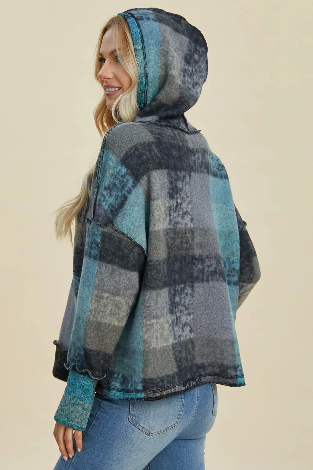 Double Take Full Size Plaid Dropped Shoulder Hoodie  