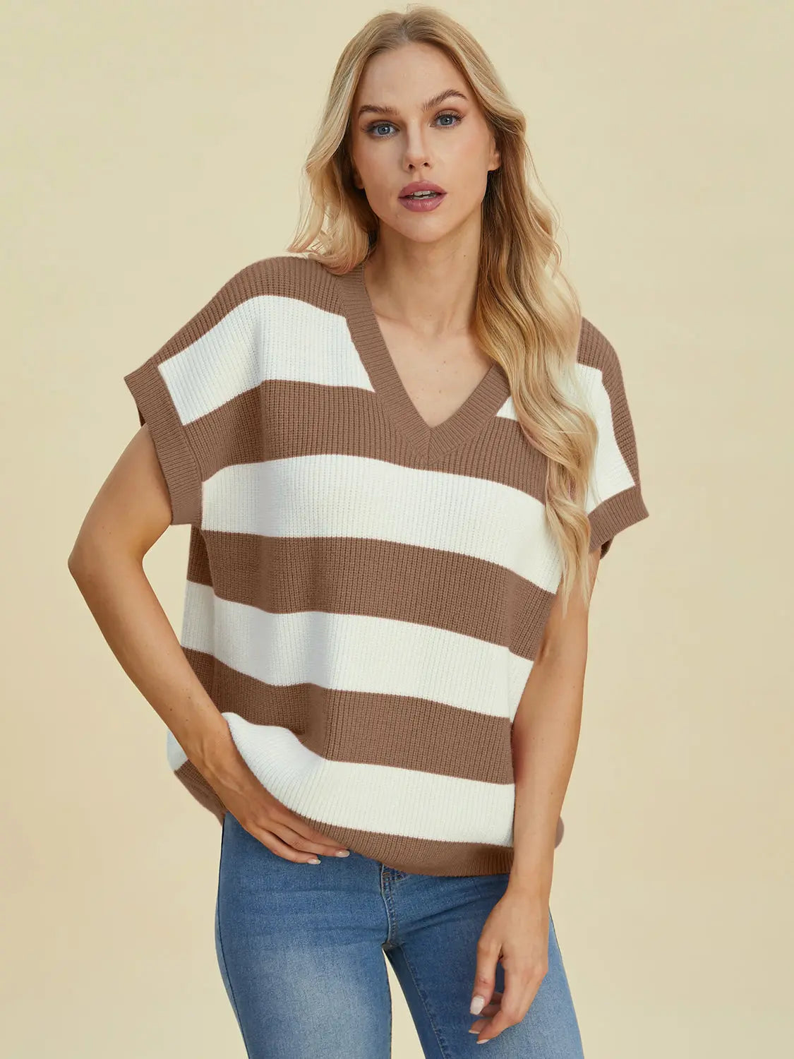 Double Take Full Size Striped V-Neck Short Sleeve Sweater  