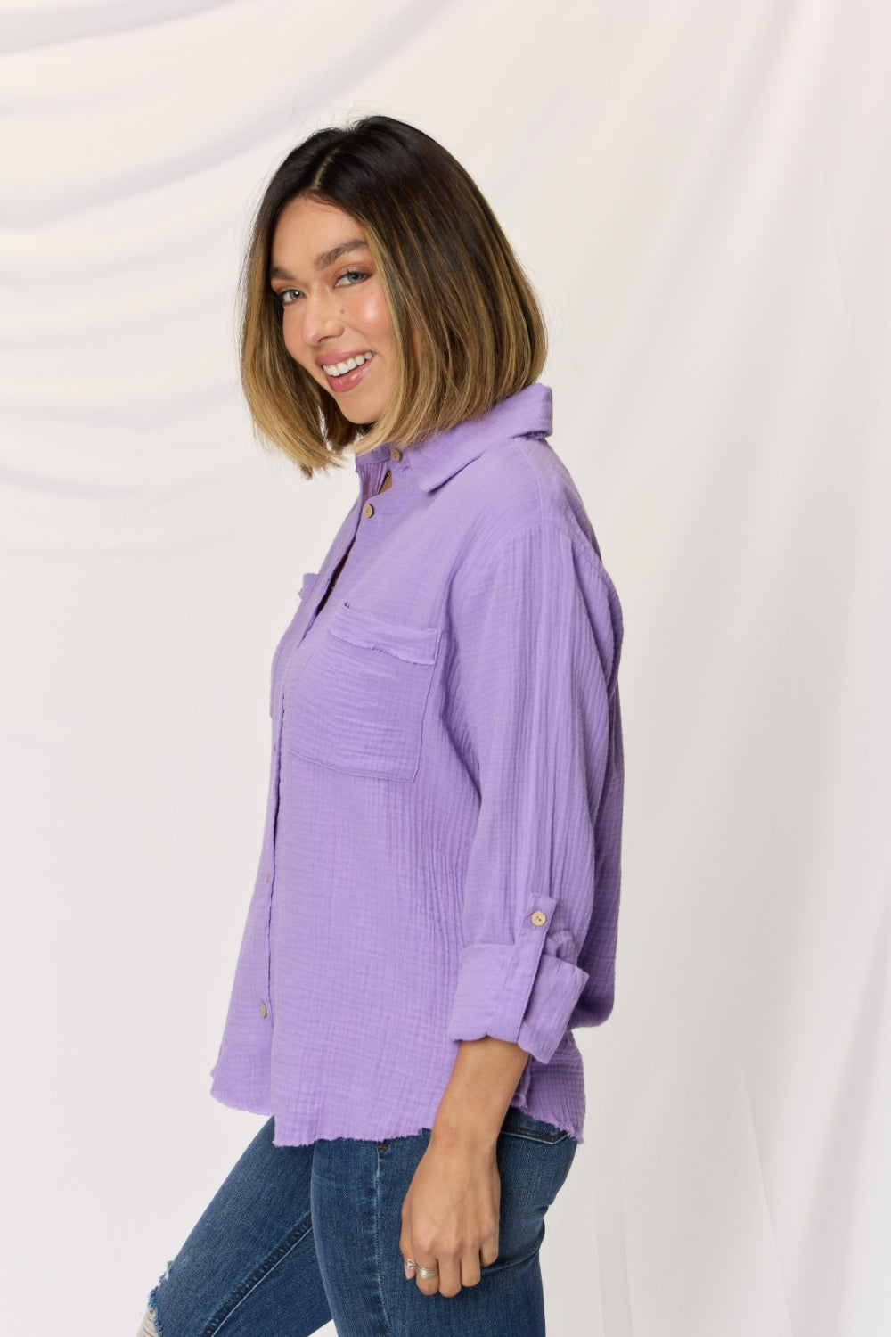 Zenana Texture Button Up Raw Hem Long Sleeve Shirt  