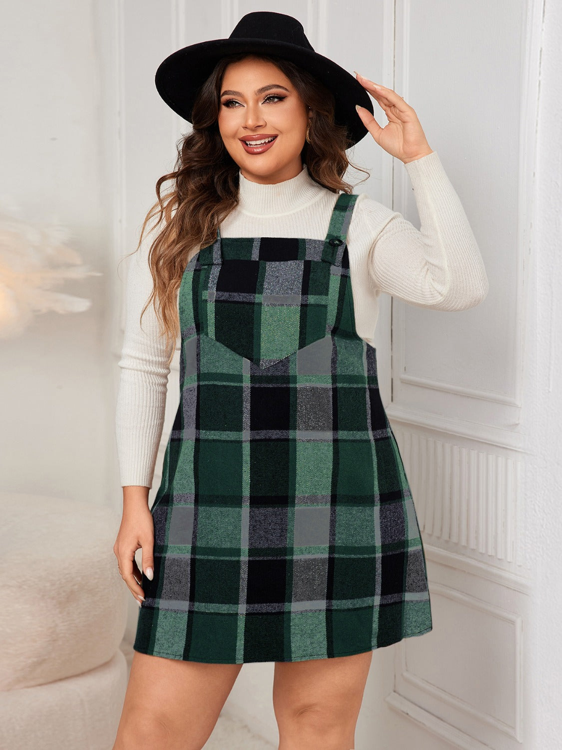 Honey Plus Size Plaid Wide Strap Overall Dress  