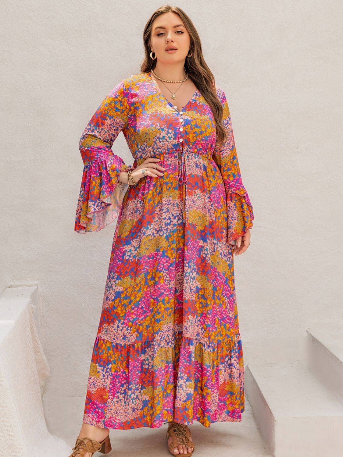 Plus Size Printed V-Neck Long Sleeve Maxi Dress  