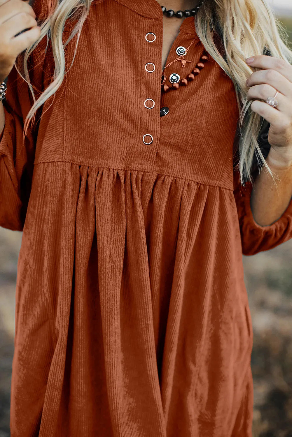 Quarter Snap Three-Quarter Sleeve Dress with Pockets  