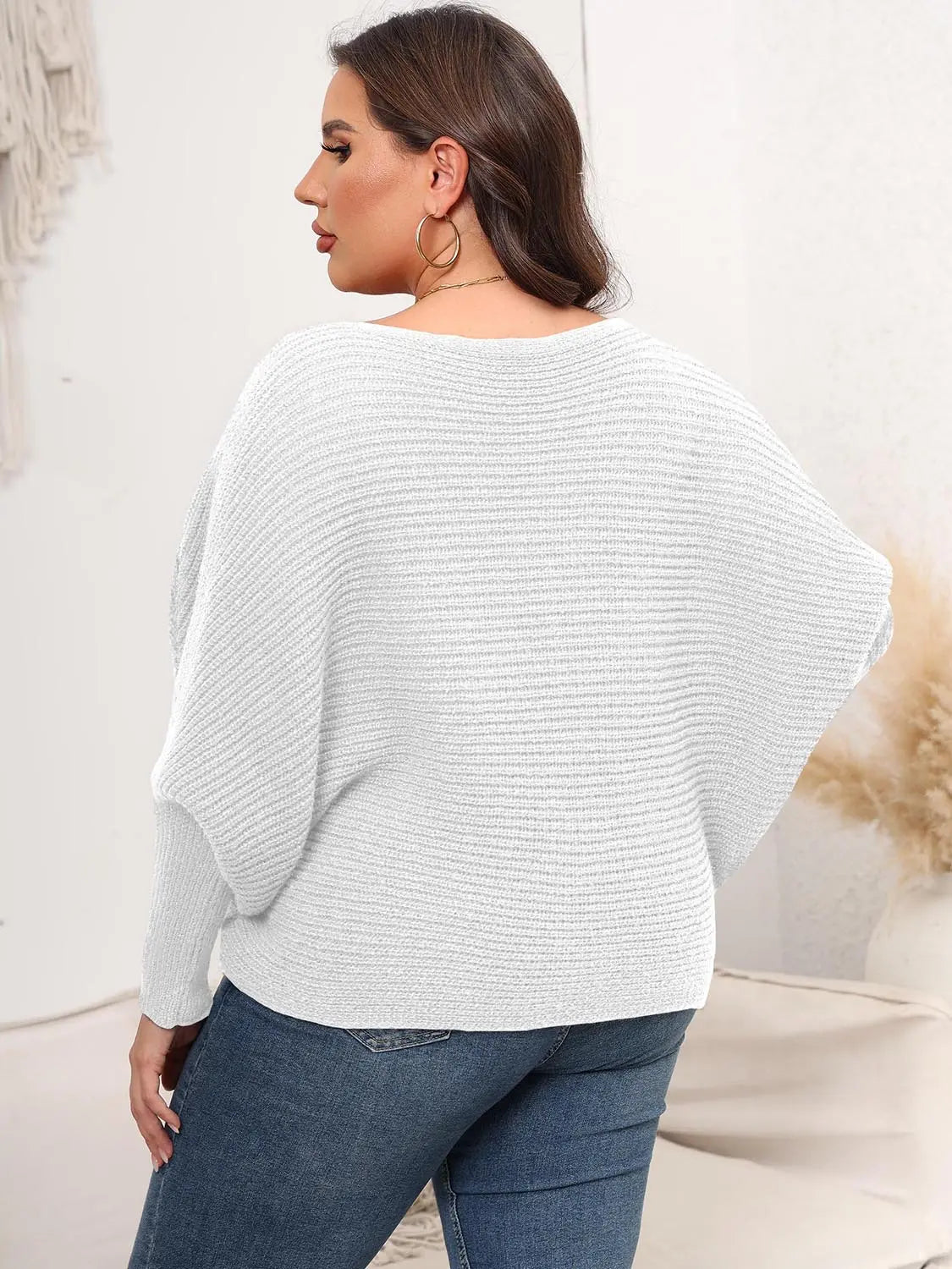 Full Size Boat Neck Batwing Sleeve Sweater  