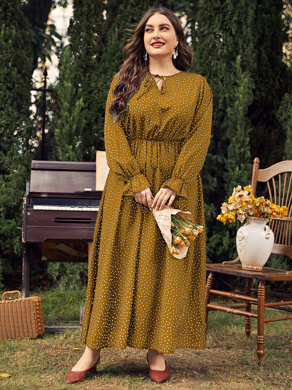 Honey Plus Size Ruffled Polka Dot Long Sleeve Midi Dress  