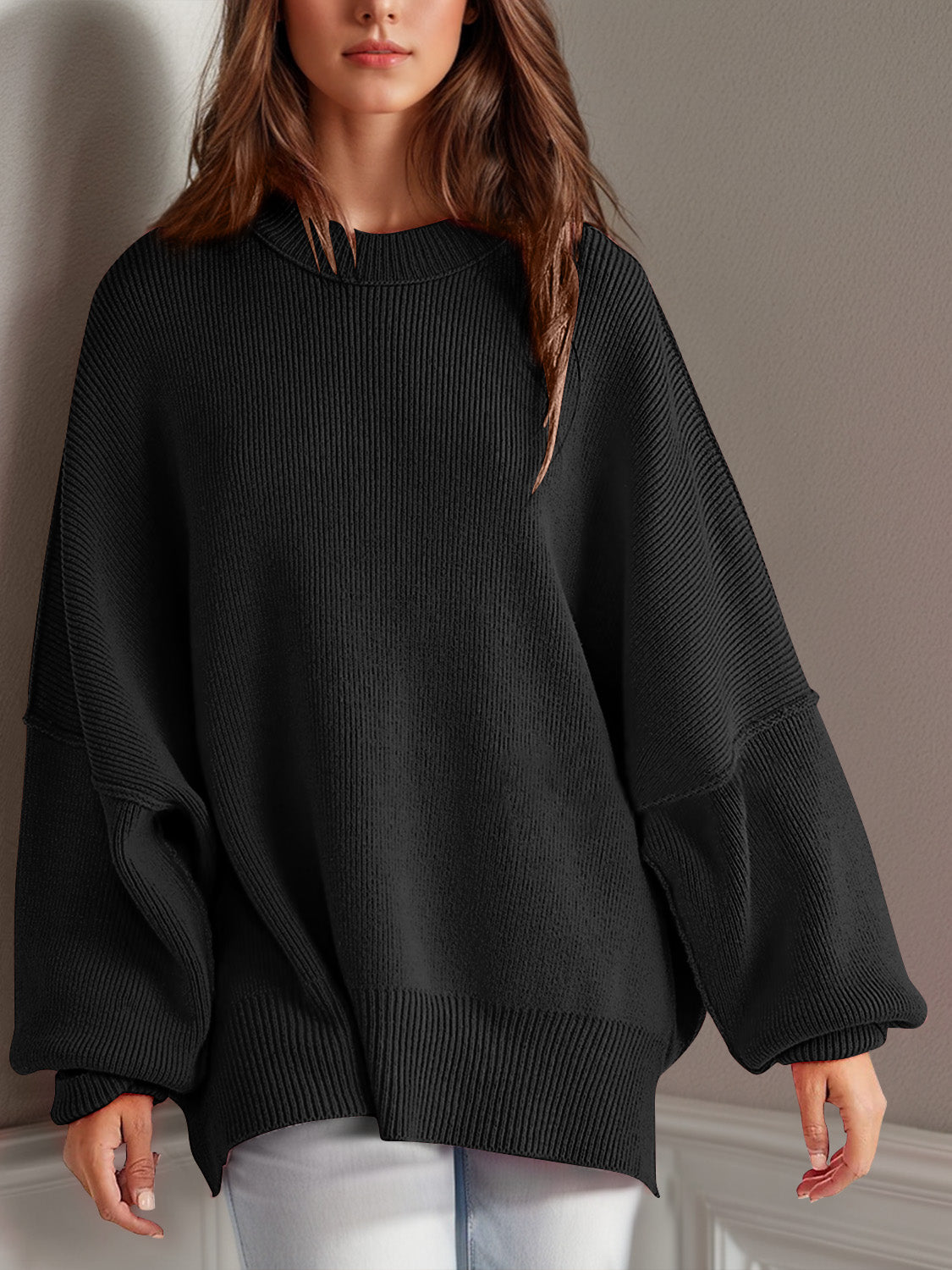 Double Take Side Slit Round Neck Long Sleeve Sweater  