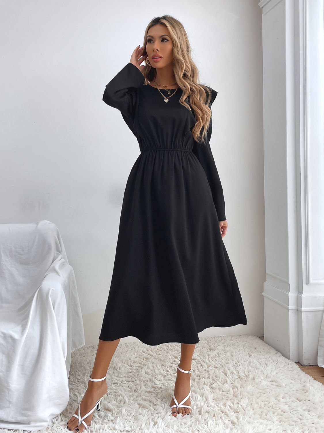 Ruched Ruffled Round Neck Long Sleeve Dress  