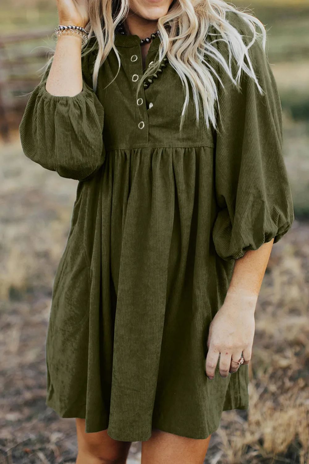 Quarter Snap Three-Quarter Sleeve Dress with Pockets  