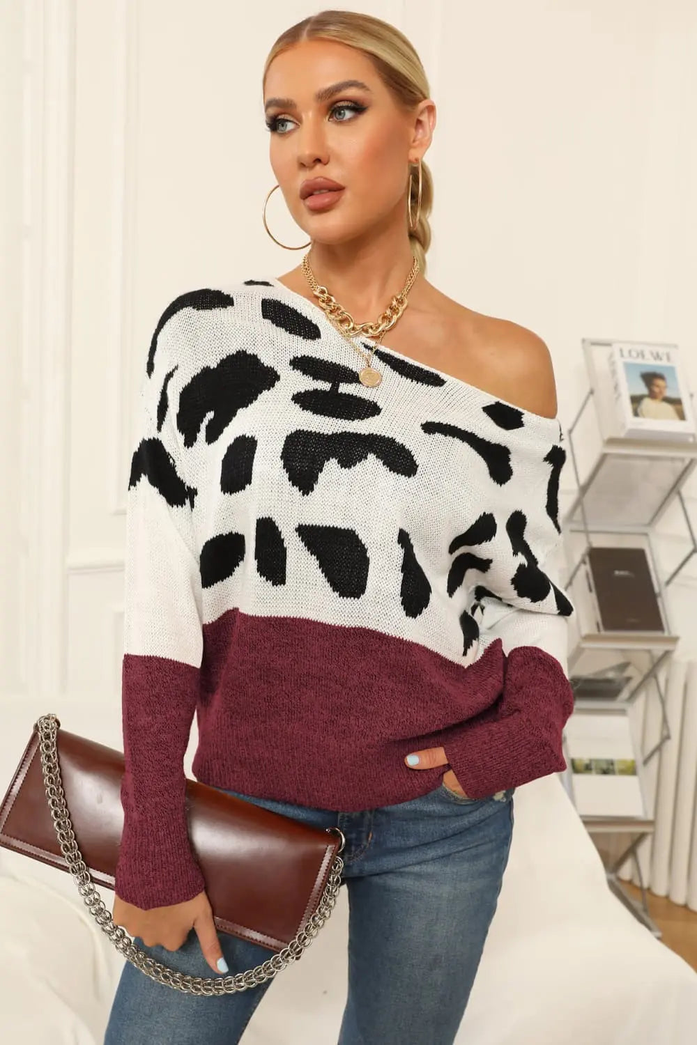 Full Size Two-Tone Boat Neck Sweater  