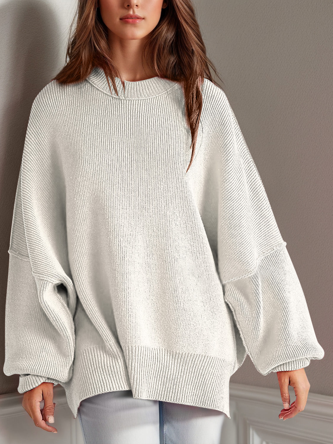 Double Take Side Slit Round Neck Long Sleeve Sweater  