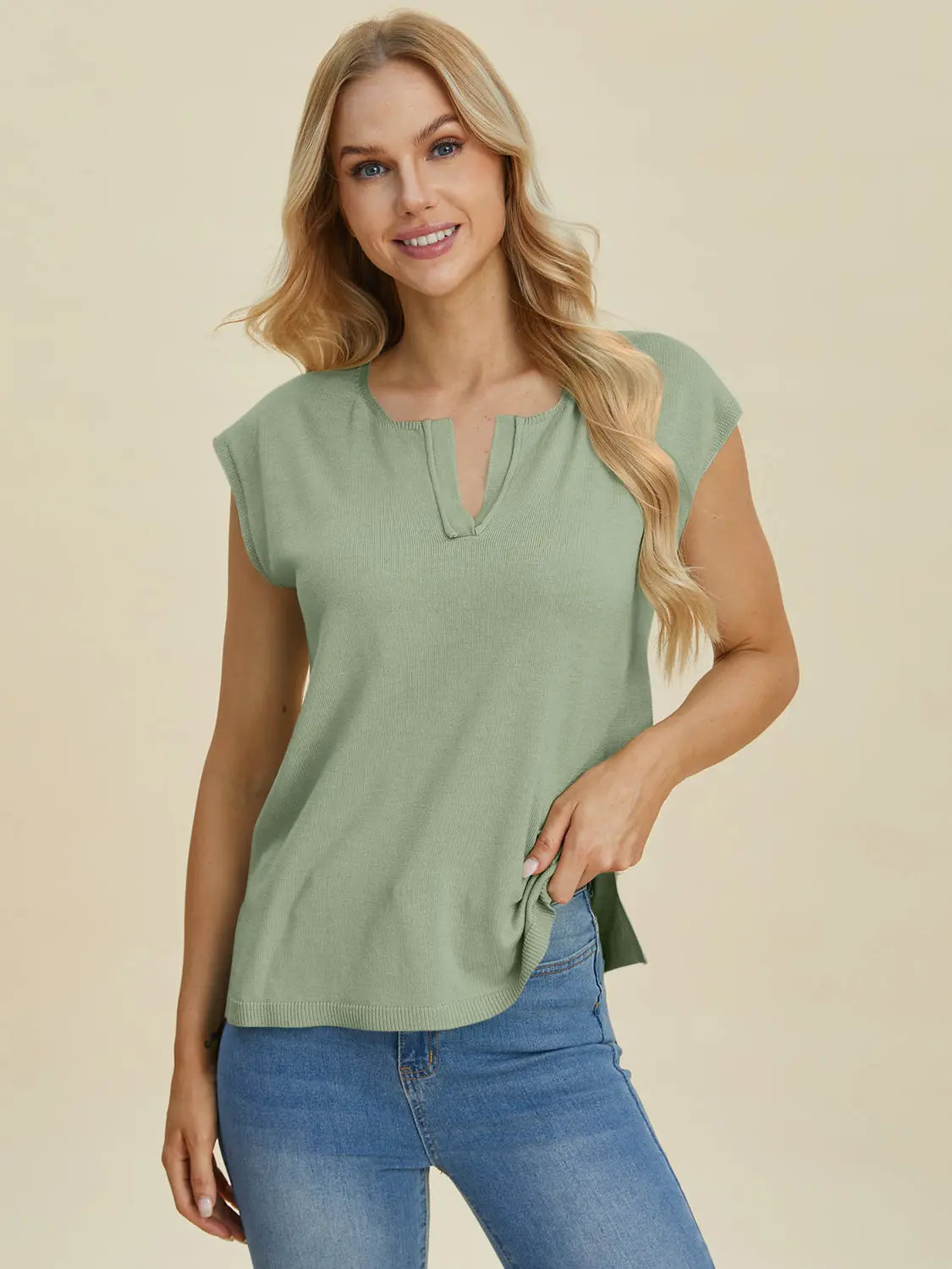 Double Take Full Size Notched Cap Sleeve Knit Top  