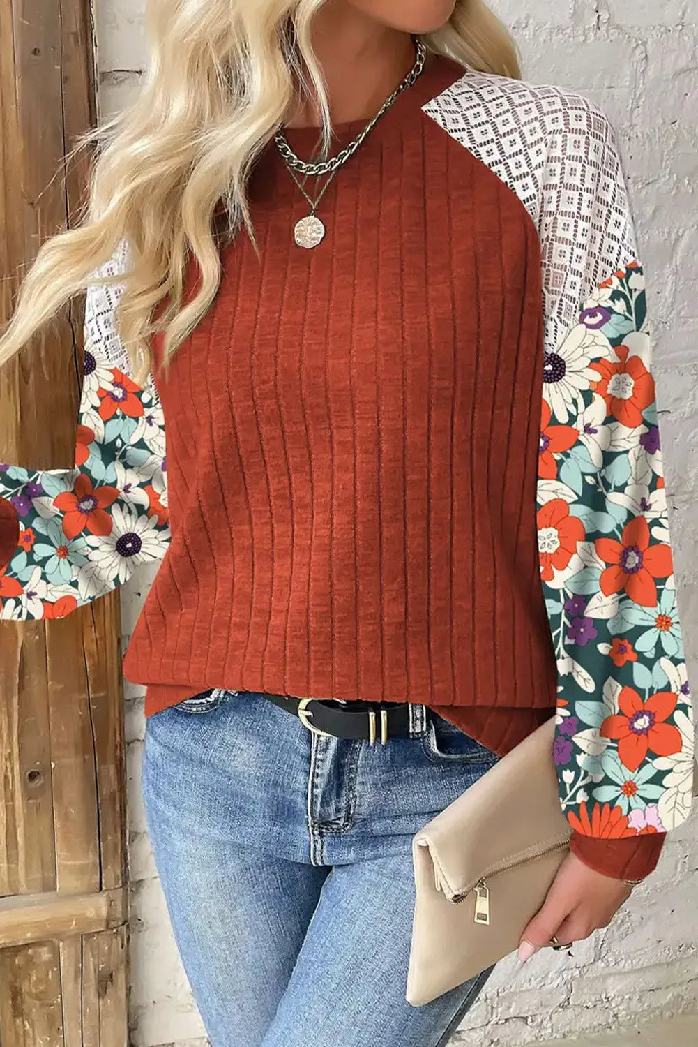 Printed Round Neck Long Sleeve Top  