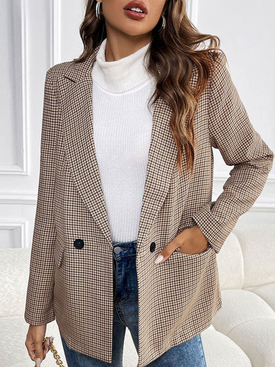 Perfee Plaid Lapel Collar Long Sleeve Blazer  