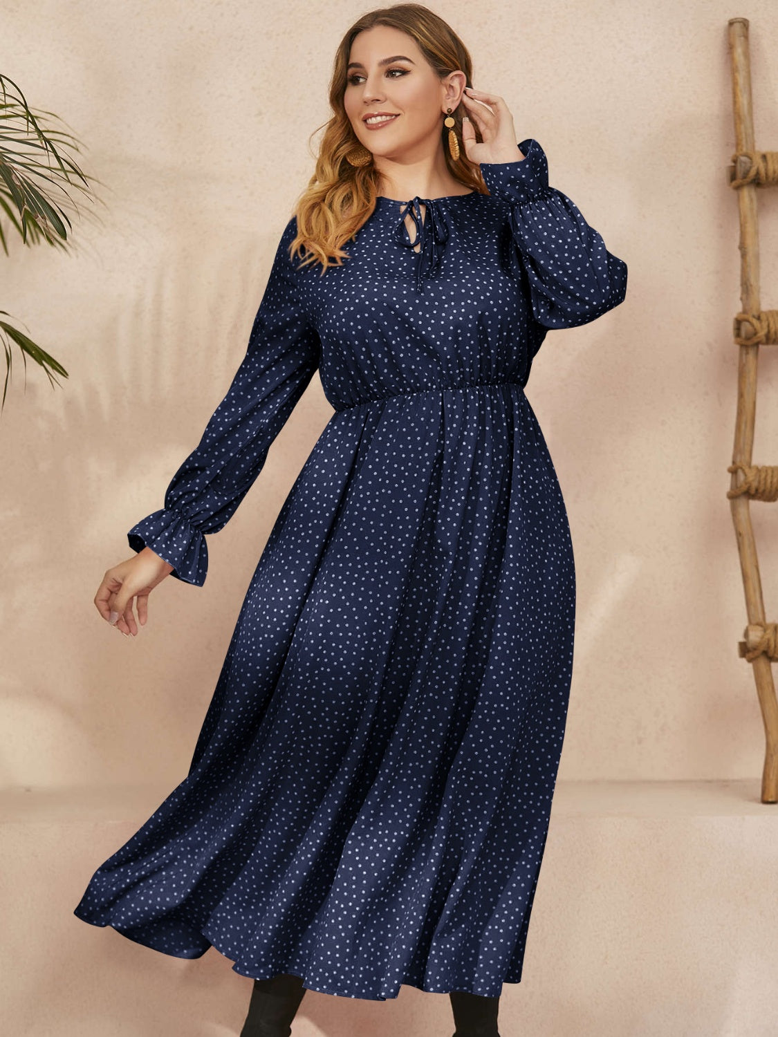 Honey Plus Size Ruffled Polka Dot Long Sleeve Midi Dress  