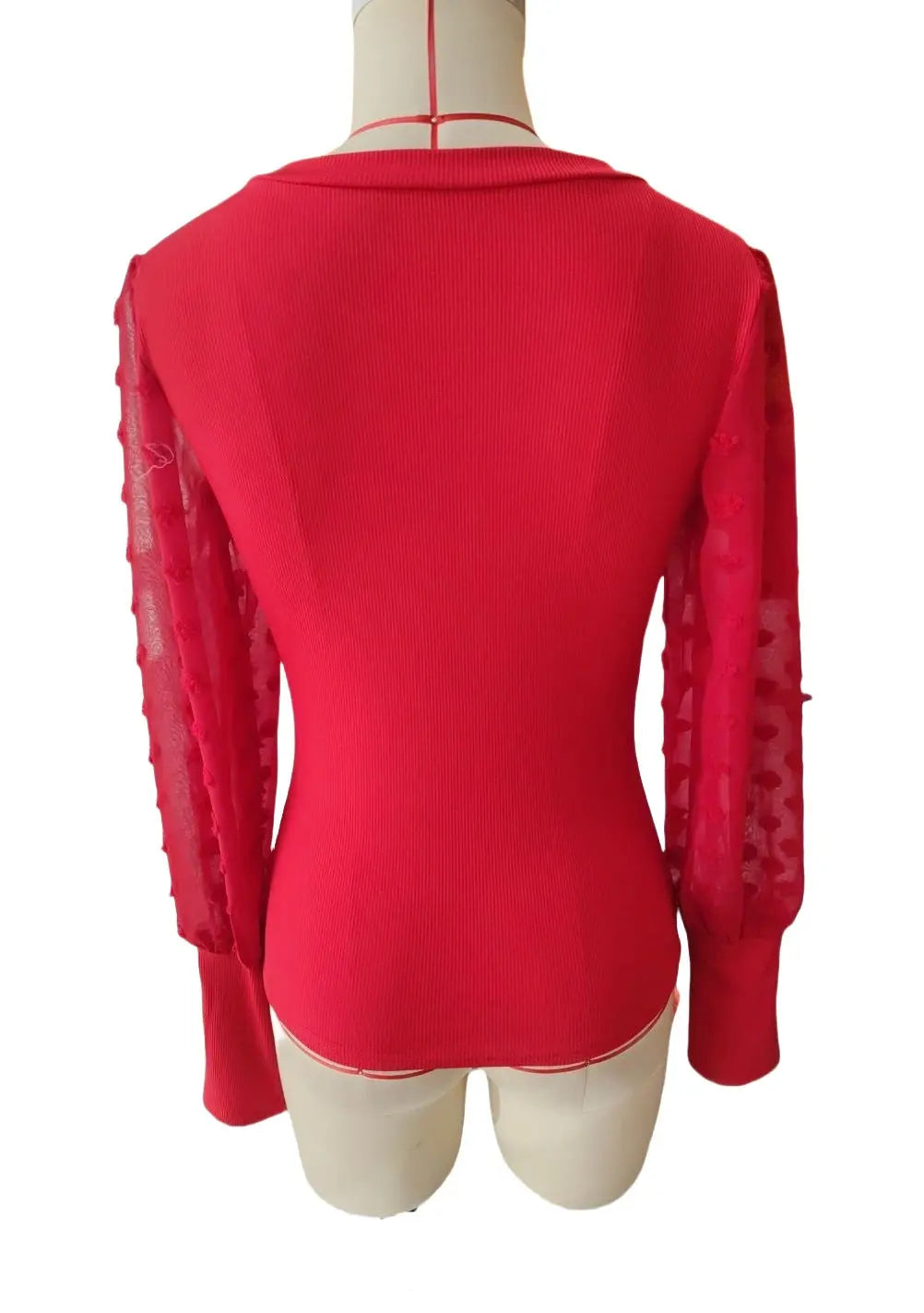 Elegant Rib V-neck Sleeve Chiffon Stitching Long Sleeve T-shirt Slimming Top  