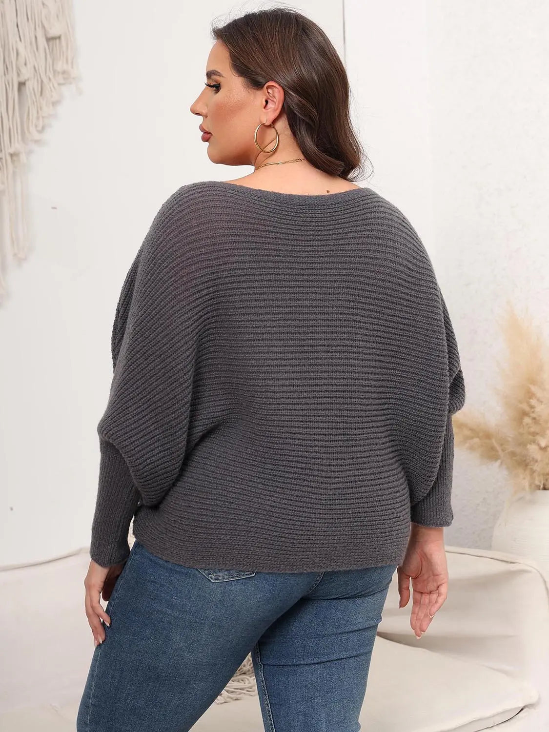 Full Size Boat Neck Batwing Sleeve Sweater  