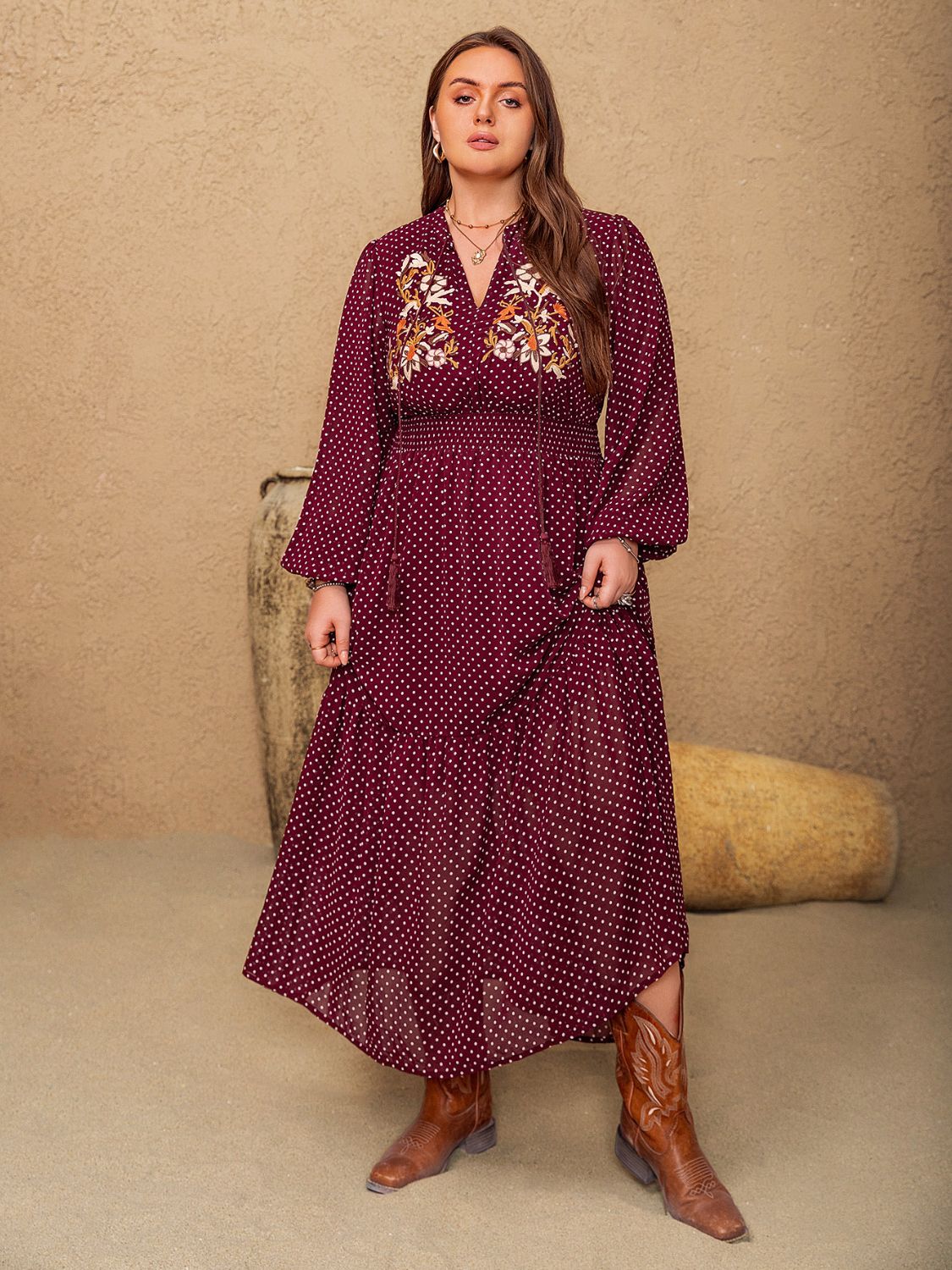 Plus Size Embroidered Polka Dot Tie Neck Long Sleeve Midi Dress  