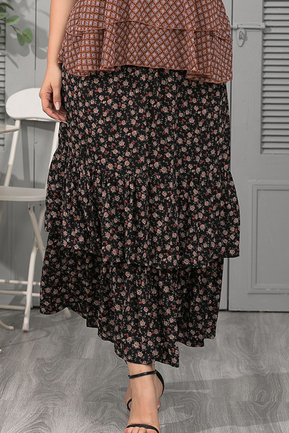 Plus Size Ditsy Floral Layered Maxi Skirt  