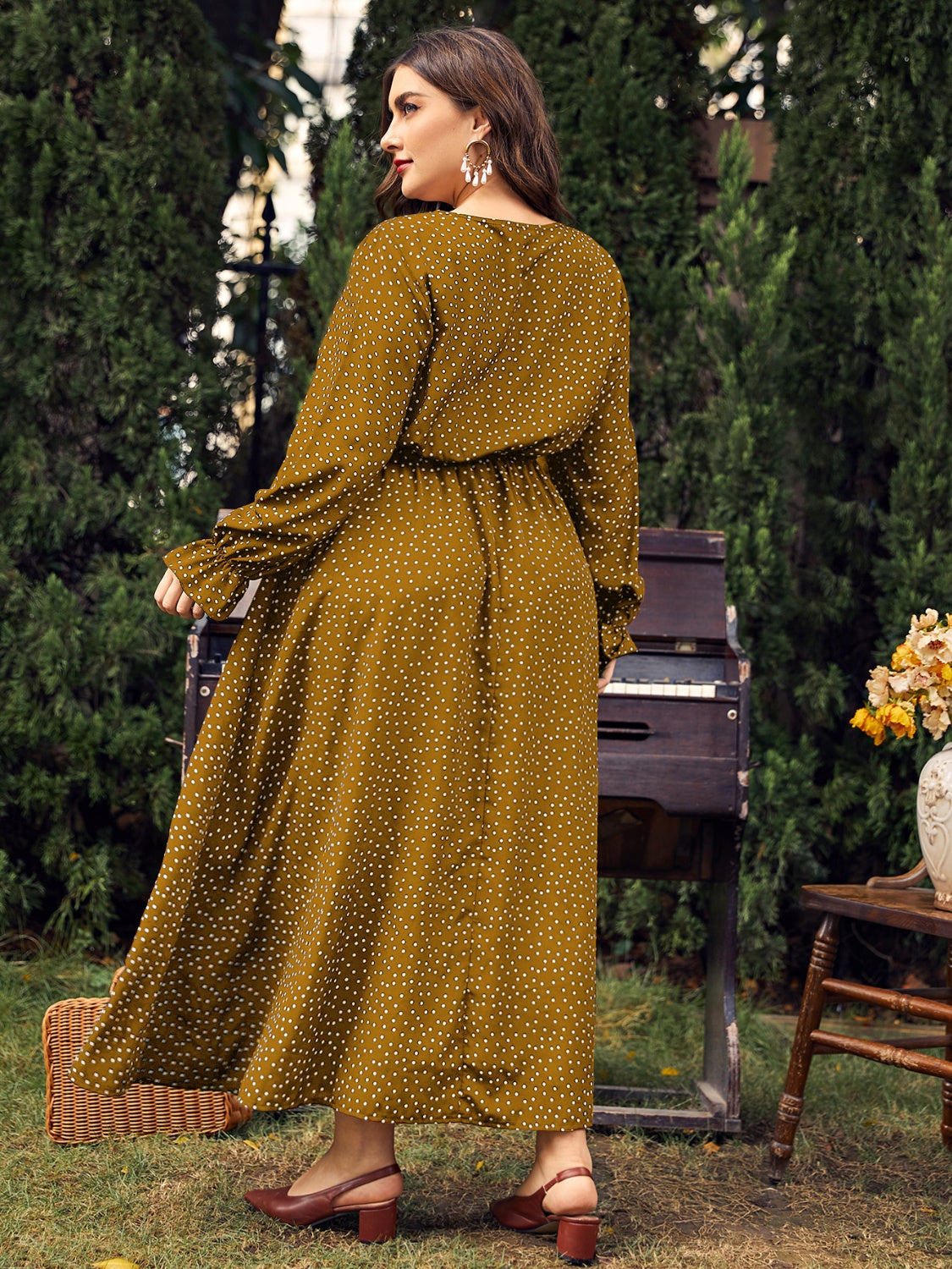 Honey Plus Size Ruffled Polka Dot Long Sleeve Midi Dress  