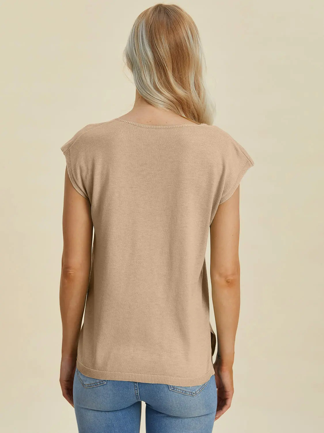 Double Take Full Size Notched Cap Sleeve Knit Top  