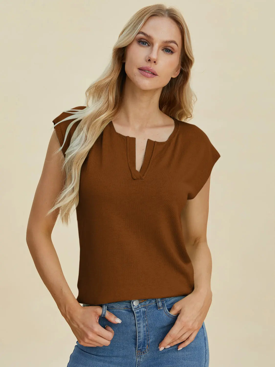 Double Take Full Size Notched Cap Sleeve Knit Top  