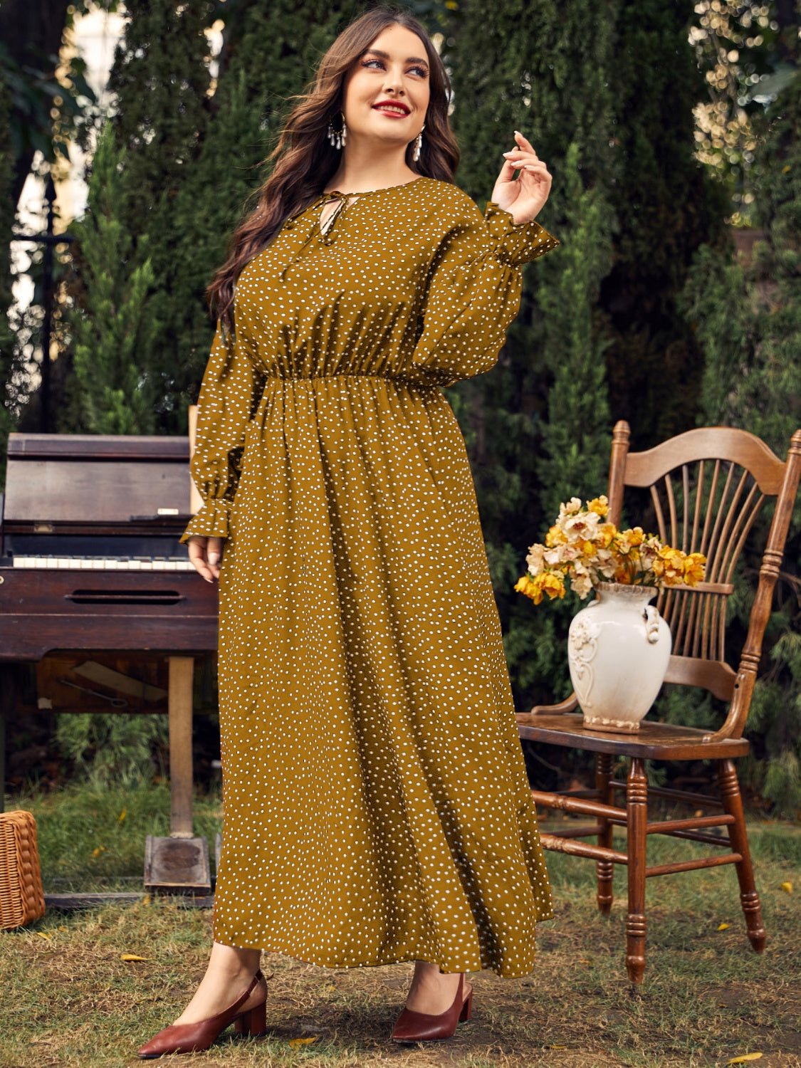 Honey Plus Size Ruffled Polka Dot Long Sleeve Midi Dress  