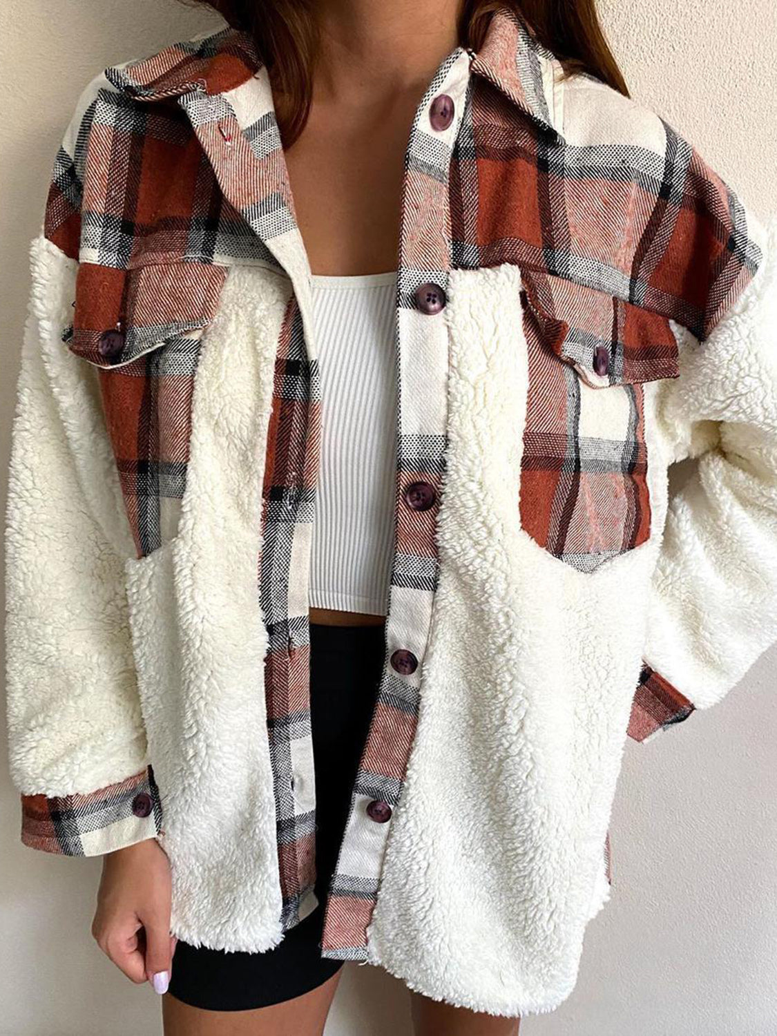 Fuzzy Button Up Long Sleeve Jacket  