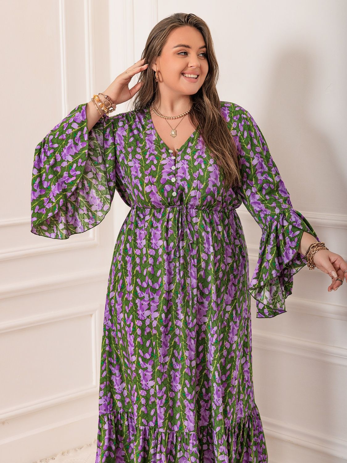 Plus Size Printed V-Neck Long Sleeve Maxi Dress  