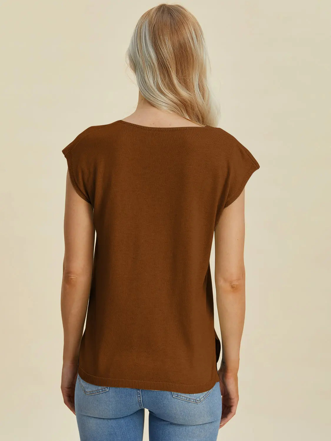 Double Take Full Size Notched Cap Sleeve Knit Top  