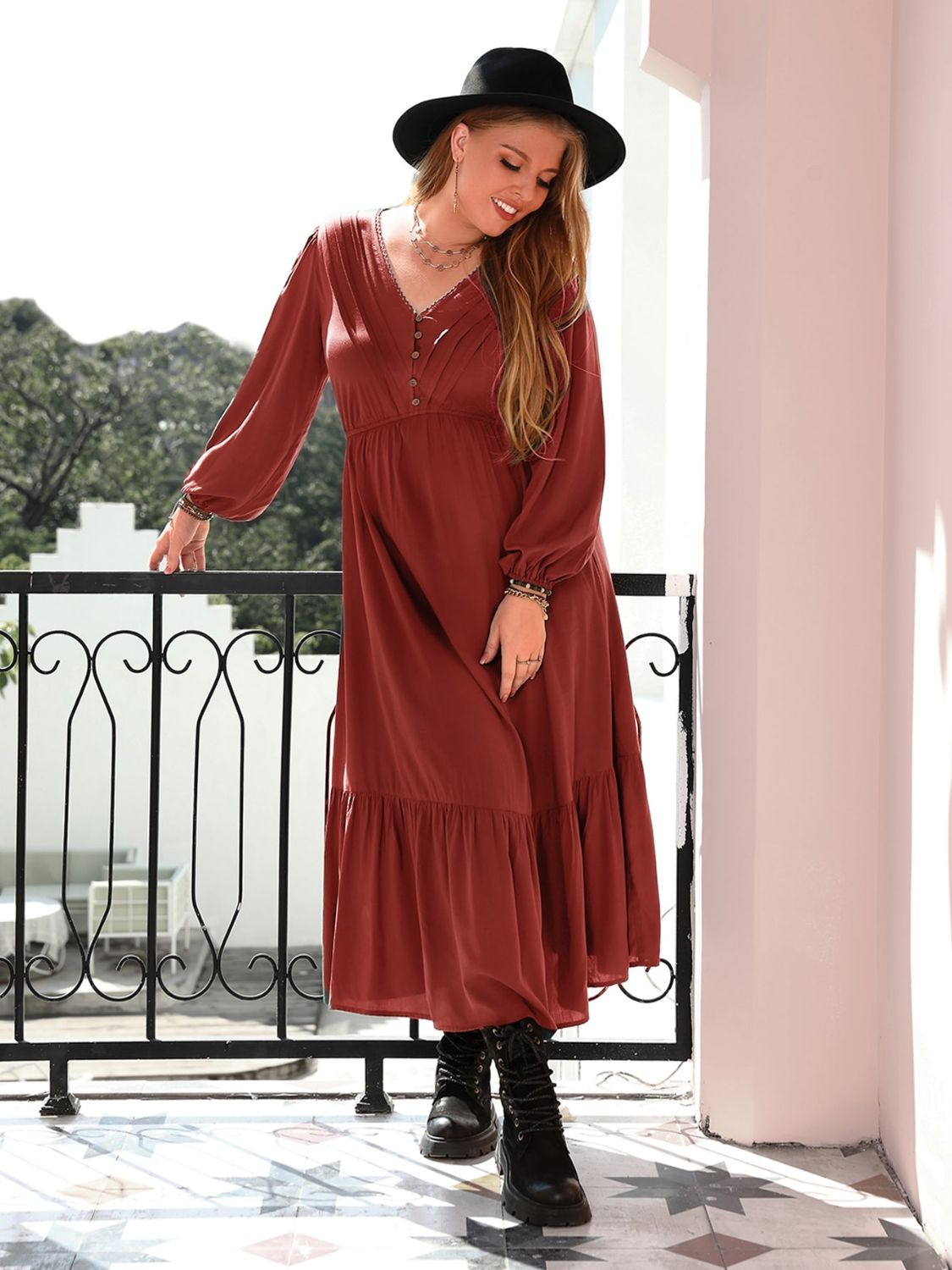 Plus Size Quarter Button V-Neck Long Sleeve Dress  