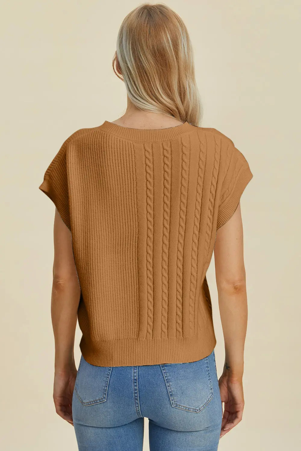 Double Take Full Size Cable-Knit Round Neck Short Sleeve Sweater  