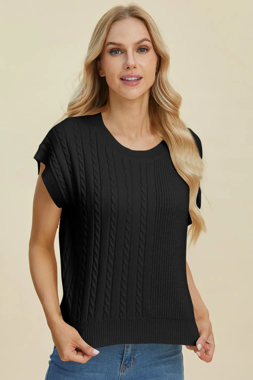 Double Take Full Size Cable-Knit Round Neck Short Sleeve Sweater  