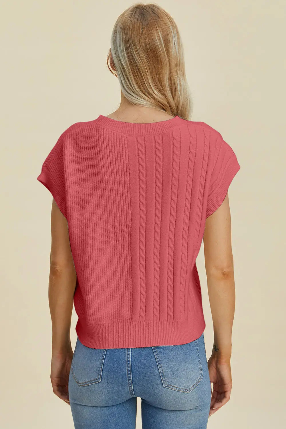 Double Take Full Size Cable-Knit Round Neck Short Sleeve Sweater  