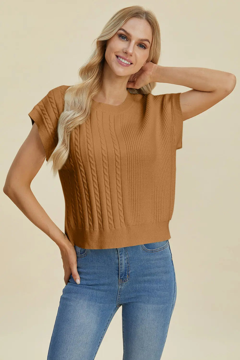 Double Take Full Size Cable-Knit Round Neck Short Sleeve Sweater  