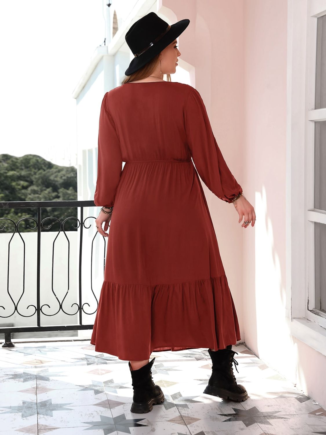 Plus Size Quarter Button V-Neck Long Sleeve Dress  