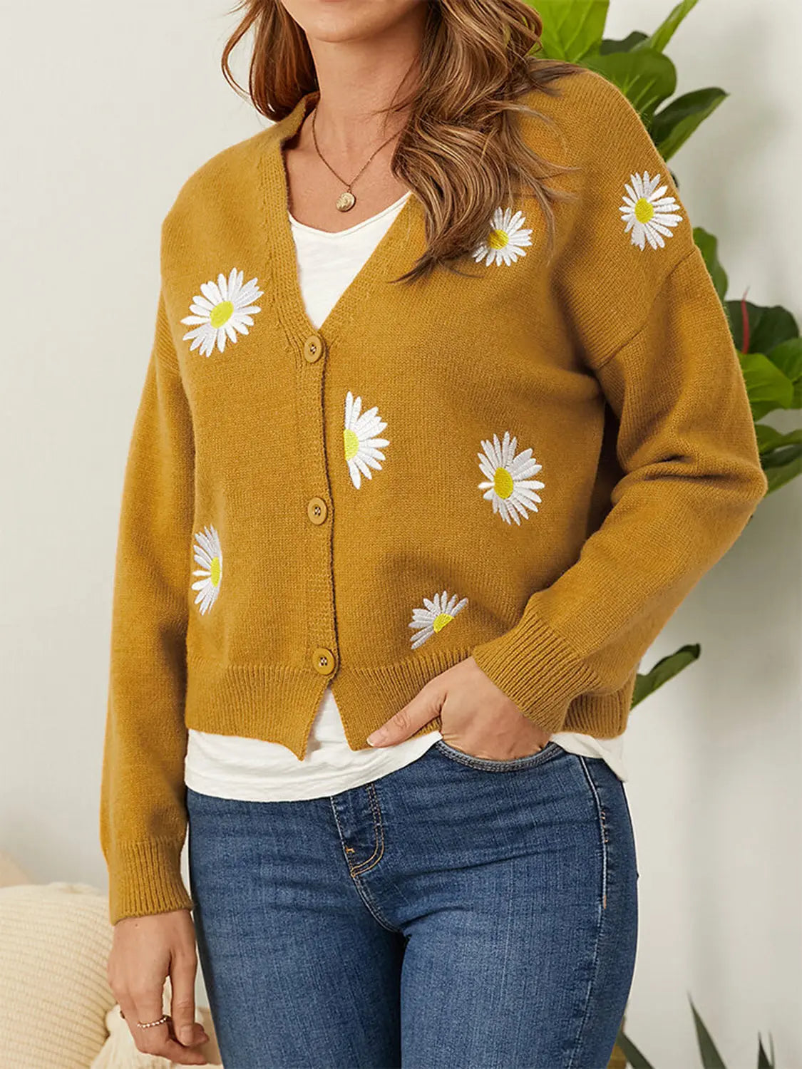 Flower Button Front Dropped Shoulder Cardigan  