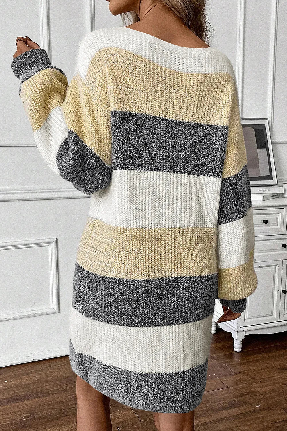 Color Block Boat Neck Long Sleeve Sweater Dress  