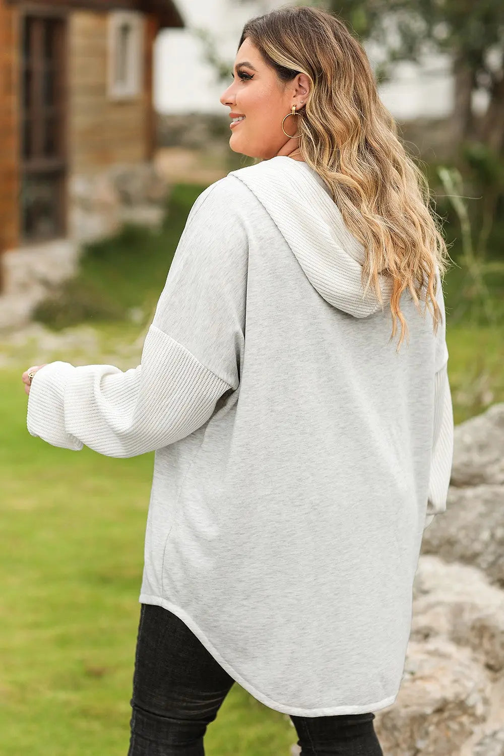 Plus Size Button Up Drawstring Long Sleeve Hoodie  