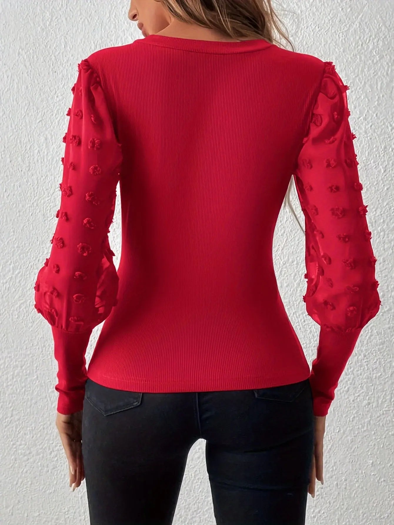 Elegant Rib V-neck Sleeve Chiffon Stitching Long Sleeve T-shirt Slimming Top  