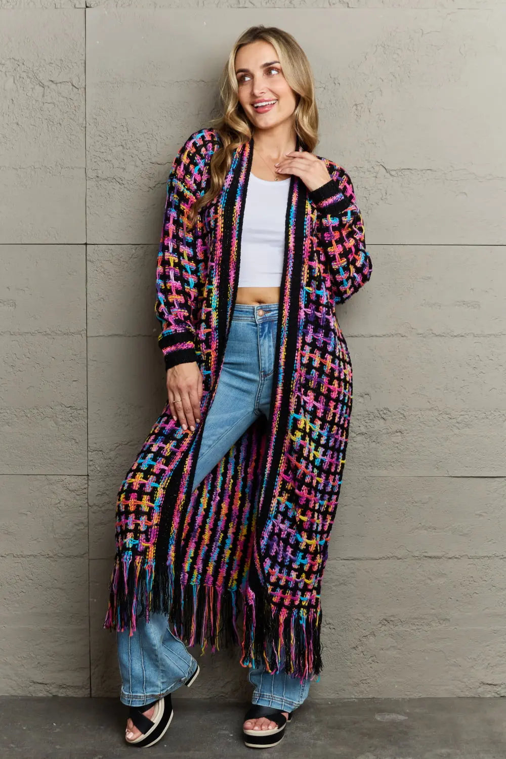 Angel Wings Full Size Multicolored Open Front Fringe Hem Cardigan  