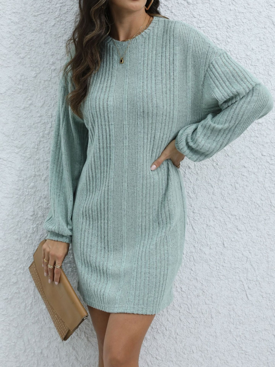 Round Neck Long Sleeve Mini Dress  