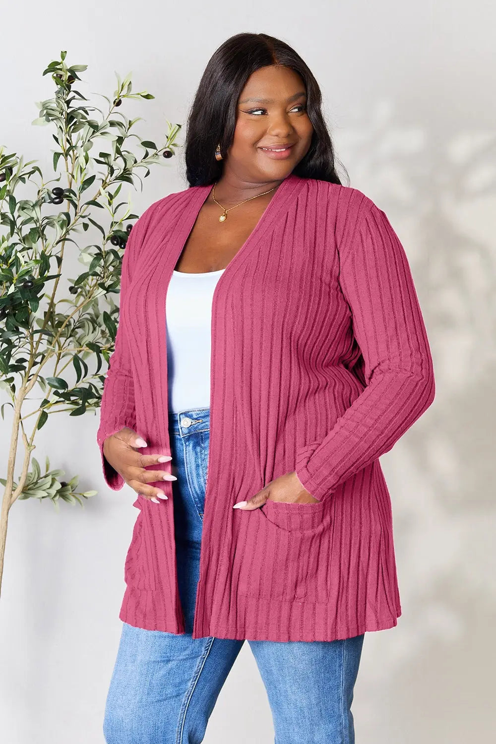 Basic Bae Full Size Ribbed Open Front Cardigan with Pockets  