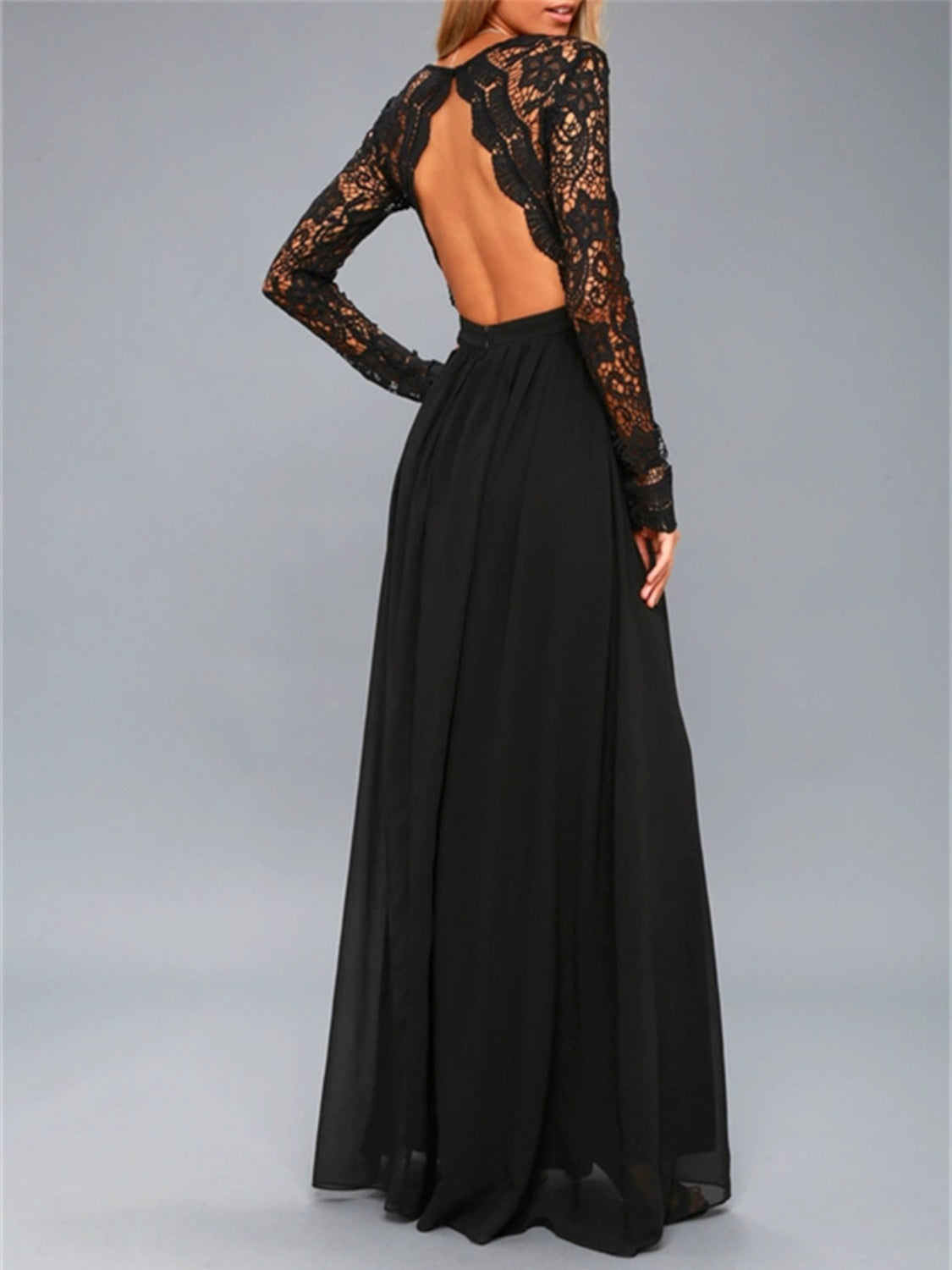 Lace Detail Backless Long Sleeve Maxi Dress  