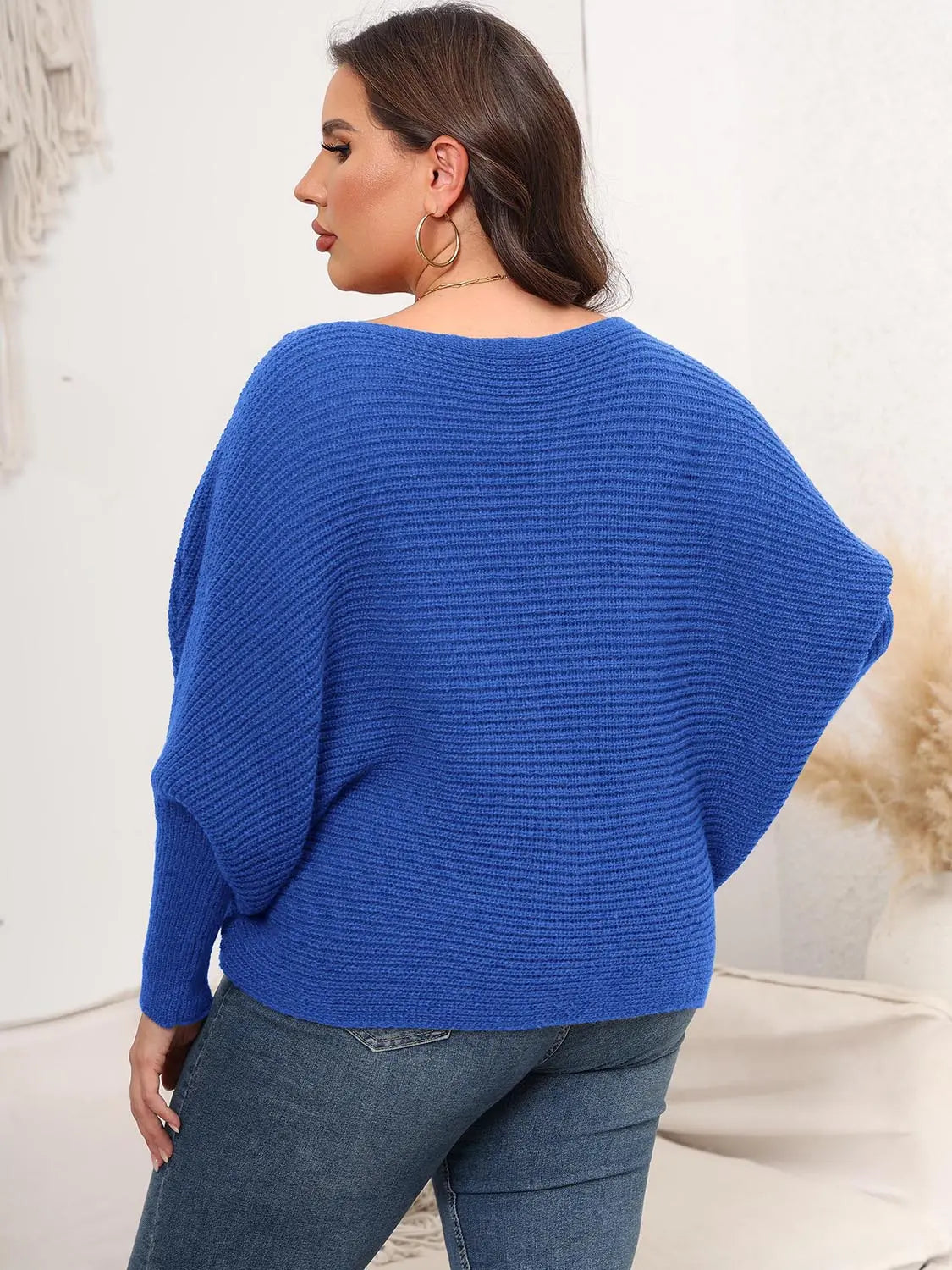 Full Size Boat Neck Batwing Sleeve Sweater  