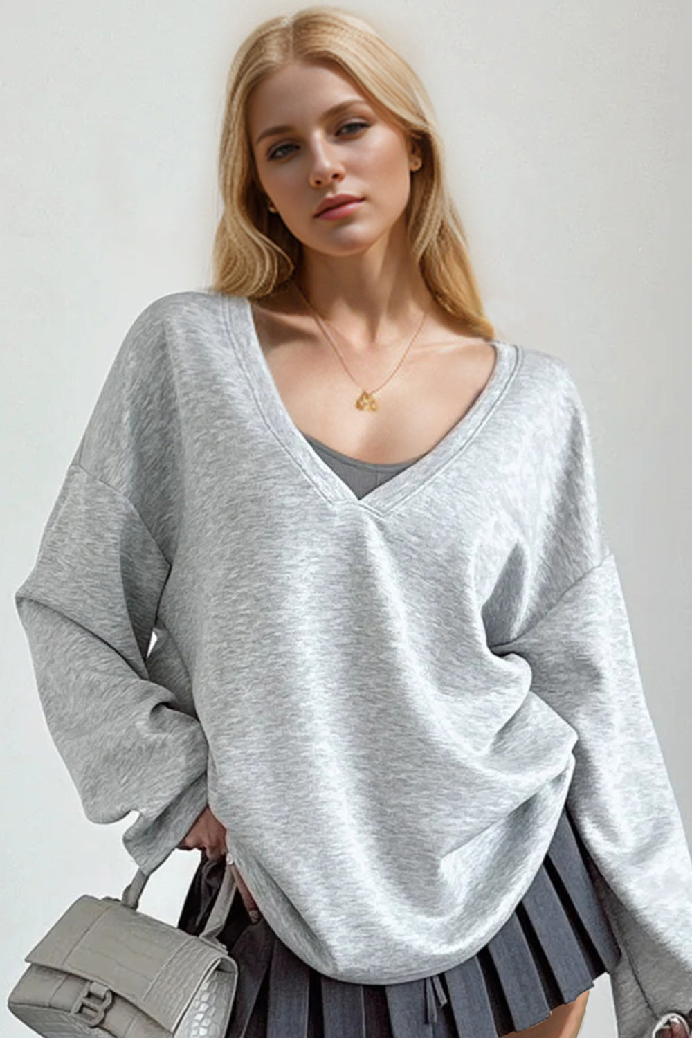 Basic Bae V-Neck Dropped Shoulder Long Sleeve Sweatshirt with Bra  