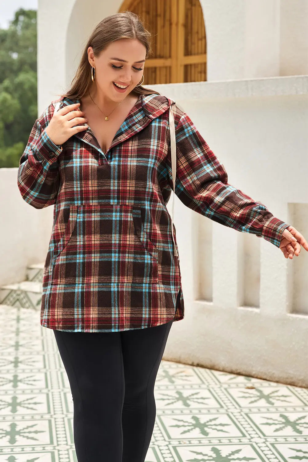 Plus Size Drawstring Plaid Quarter Button Hoodie  