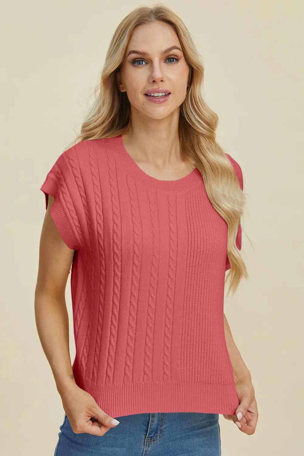 Double Take Full Size Cable-Knit Round Neck Short Sleeve Sweater  