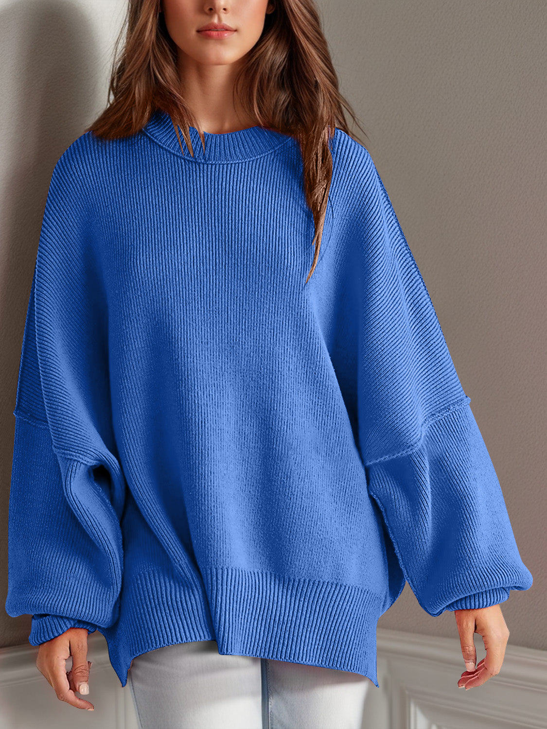 Double Take Side Slit Round Neck Long Sleeve Sweater  