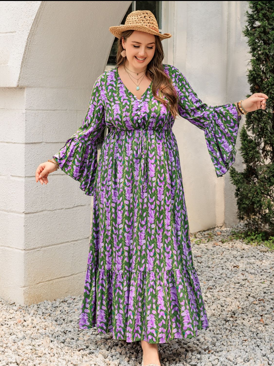 Plus Size Printed V-Neck Long Sleeve Maxi Dress  